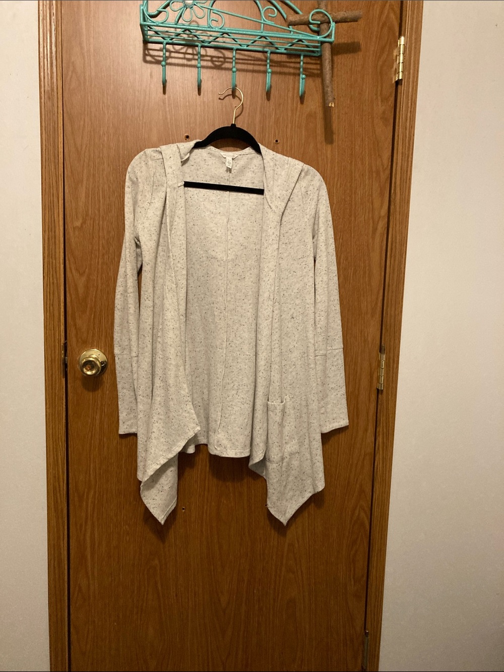 Aeropostale Speckled White Open-Front Hooded Cardigan